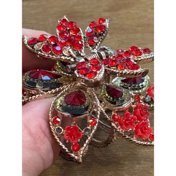 Large Floral Hair Clip With Red Rhinestones & Metal**note missing rhinestone - Picture 4 of 10